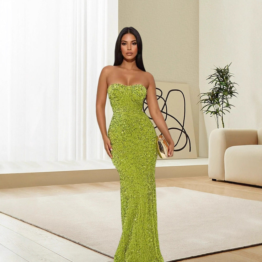 Women's Solid Color Strapless Zipper Velvet Sequin Bodycon Dress NNETM